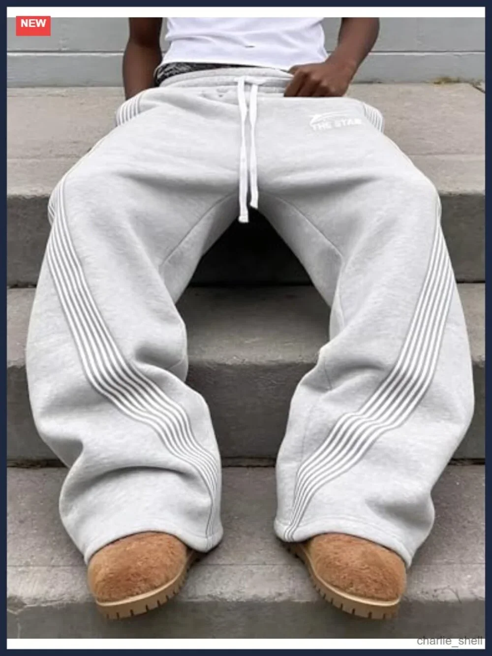 Y2K Wide Leg Baggy Track Pants with Drawstring Waist Striped Open Bottom